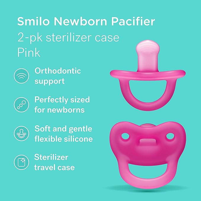 Smilo Newborn Baby Pacifier with Sterilization Box - 2 Pack of Orthodontic Pacifiers for Babies from 0-2 Months - Expands to Support The Palate During Soothing - BPA-Free - Pink