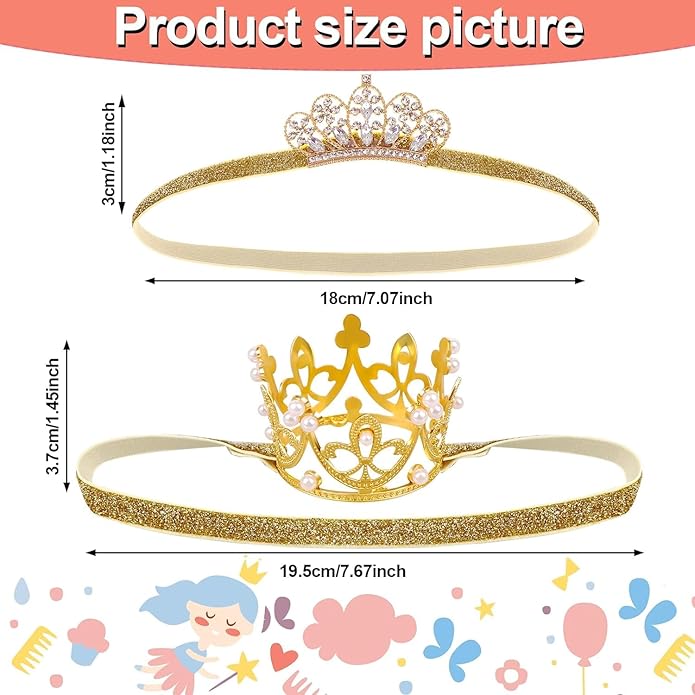 2PCS Gold Baby Tiara Glitter Baby Crown Headband Crystal Crown Hair Belt for Little Girl Infant Princess Tiaras Birthday Elastic Hair Band for Photography Headband Props