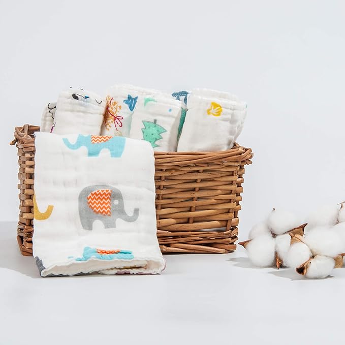 NTBAY 6 Pack Baby Muslin Washcloths, 6 Layers Natural Cotton Newborn Baby Face Towel with Animals Printed Design, Soft and Breathable Reusable Wipes and Shower Gift for Baby Registry, 10x10 inches