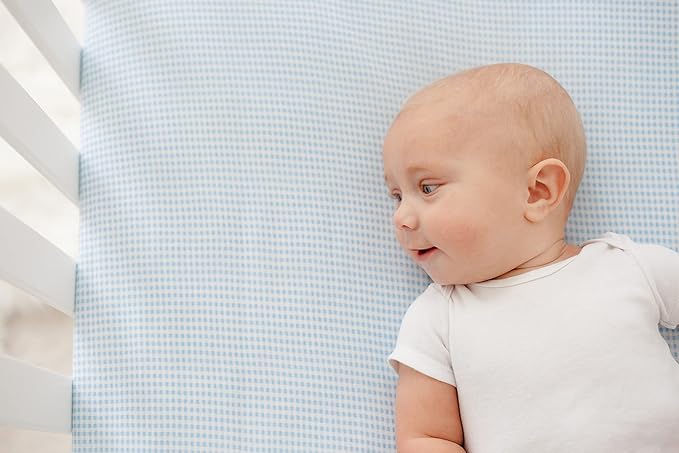 SheetWorld Baby Fitted Bassinet Sheet Fits Nuna Mixx 12 x 29 inches, 100% Cotton Jersey Hypoallergenic Sheet, Unisex Boy Girl, Blue Gingham, Made in USA