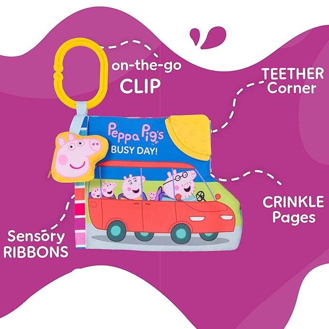 Kids Preferred Peppa Pig Soft Book with Ribbons, Teether Corner, Squeaker, Crinkle Pages, Flaps, On-The-Go Clip, Ages 0 Months and Up, 6.5 inches