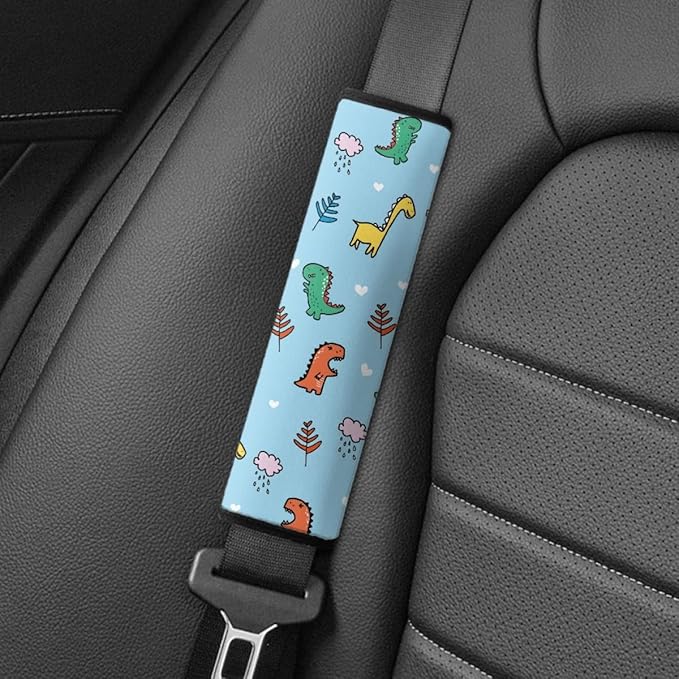 ENLACHIC Kids Car Seat Belt Cover, Cute Cartoon Animal Print Baby Car Seat Strap Pads Infant Car Seat Protector Car Accessories Universal All Cars,Blue Cartoon Dinosaur