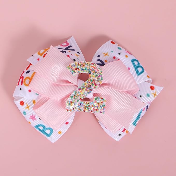 Happy Birthday Hair Bow for Girls,3.5in Glitter Pink Sprinkle Bow Clips Barrettes Alligator Hair Pins for Teens,Toddlers,Kids,2nd Birthday Ice Cream Party Decor Accessories Gift