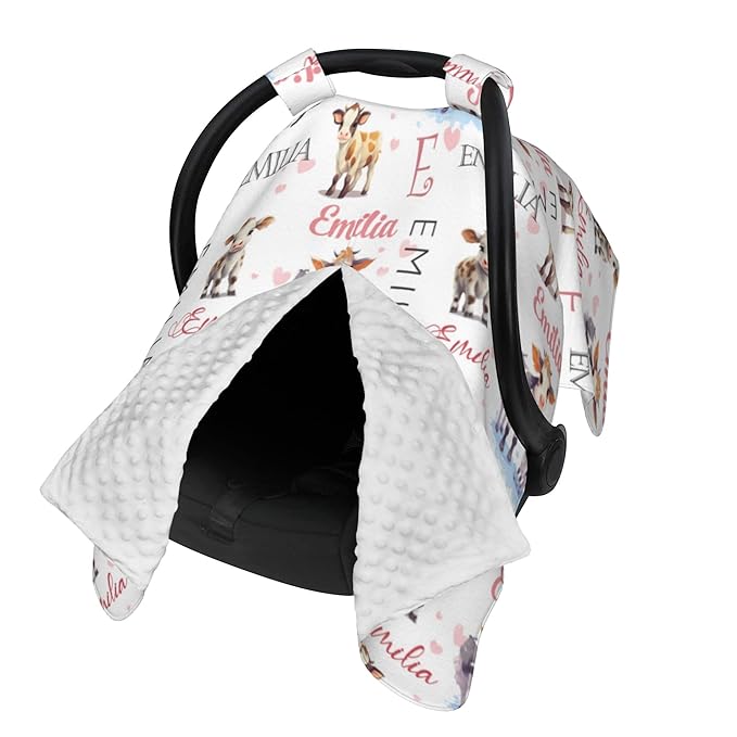 Custom Baby Car Seat Canopy Personalized Car Seat Covers with Name for Baby Boys Girls Customized Cow Nursing Breastfeeding Cover Infant Carseat Canopies Newborn Minky Baby Blanket