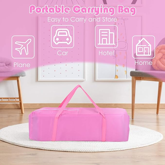 INFANS 4 in 1 Pack and Play, Portable Nursery Center Playard with Bassinet, Adjustable Canopy, Mattress, Diaper Changer, Carry Bag, Whirling Toys Music Box for Baby Boy Girl (Pink)