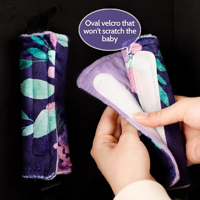 Baby Car Seat Head Support for Girls, Infant Carseat Insert Super Soft Fleece Newborn Headrest Seatbelt Covers for Car Seat, Stroller, Bouncer, Purple Flower