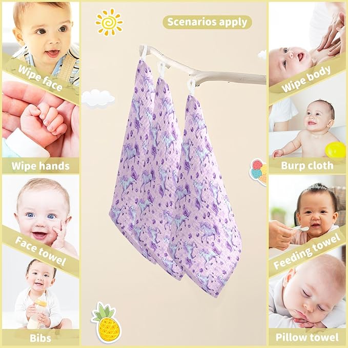 Unicorn Baby Washcloths Newborn Muslin Burp Cloths 3 Pack Soft Cotton Baby Face Bath Towel Drool Bibs for Infants, Girls and Boys 11.8 x 11.8 Inch