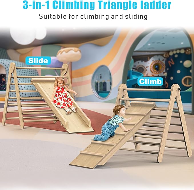 Triangle Climbing Toys, Stable Climbing Toys for Toddlers with Climbing and Sliding Ramps, 2 in 1 Foldable Wooden Activity Triangle Climber, Safety Indoor Kids Climbing Toys for Toddlers