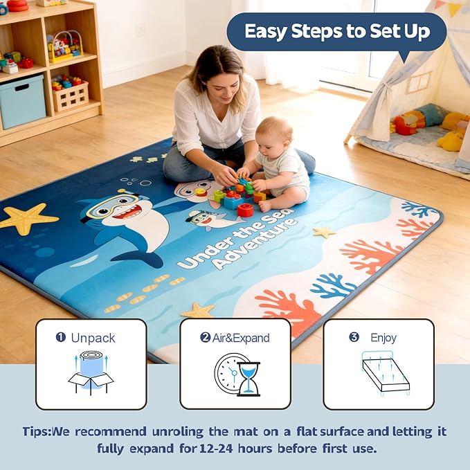 RONGFA Baby Play Mat 50x50x1.3 Inch, Memory Foam Crawling Mat, Non-Slip Water-Repellent Playpen Mat, Soft Cushioned Floor Mat for Infants Toddlers (Sea)