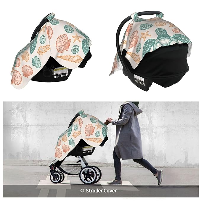 KiuLoam Sea Turtles Starfish Seashells Baby Car Seat Canopy, Nursing Cover for Mom Breastfeeding Scarf, Infant Car Seat Cover/Multiuse Baby Stroller Covers for Babies Boys Girls