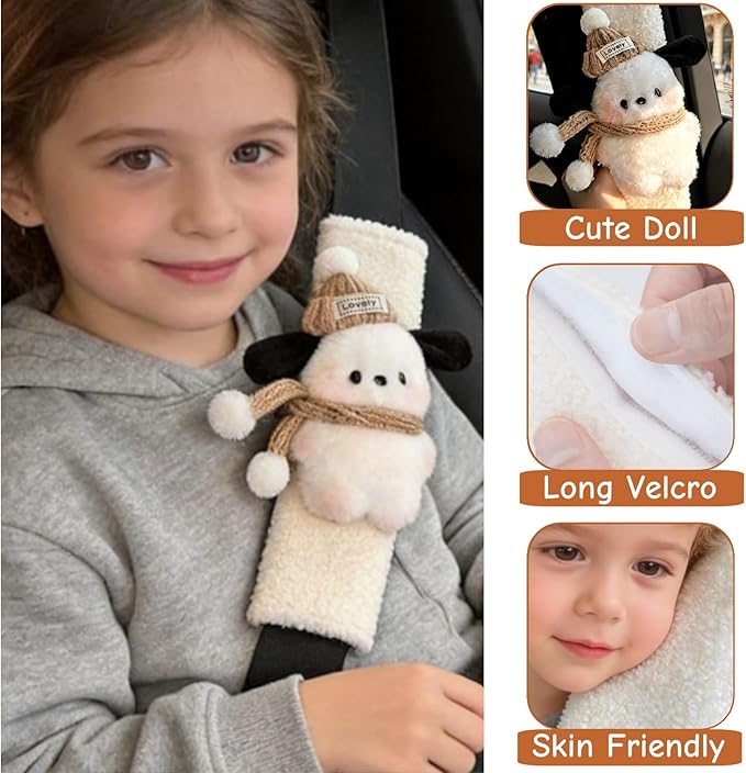 2 PCS Seat Belt Cover Pad, Cute Kawaii Animal Dog Seatbelt Covers for Kids and Adults, Winter Plush Fluffy Soft Seat Belt Cover, Cartoon Seatbelt Cushion,Car Seat Strap Pads (G-Dog(Khaki))