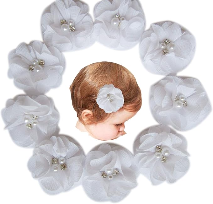 Baby Girls Chiffon Flower Hair Clips with Rhinestones and Pearl,YYCRAFT 10 pcs Party Wedding 2" Hair Accessory for Kids Toddler Infant Girls(Snow White)