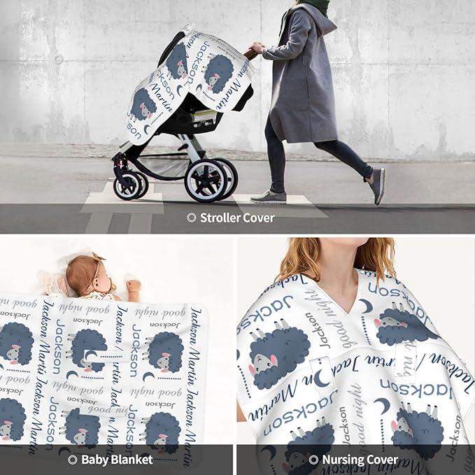Personalized Baby Car Seat Cover Canopy with Name for Girls Boys Custom Sheep Baby Carrier Covers