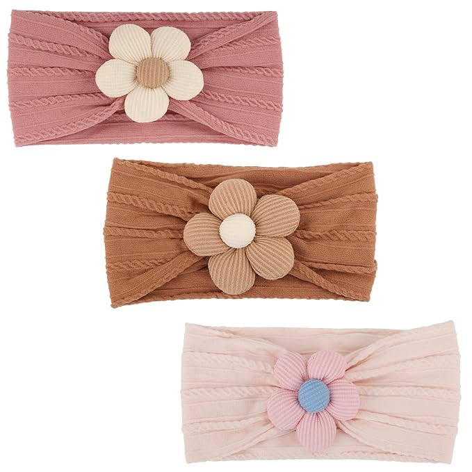 DRESHOW BQUBO Baby Flower Headbands Baby Girls Nylon Headbands Stretchy Hairbands Handmade Hair Accessories for Newborn Infant Toddlers Kids Baby Essentials 3 Pcs