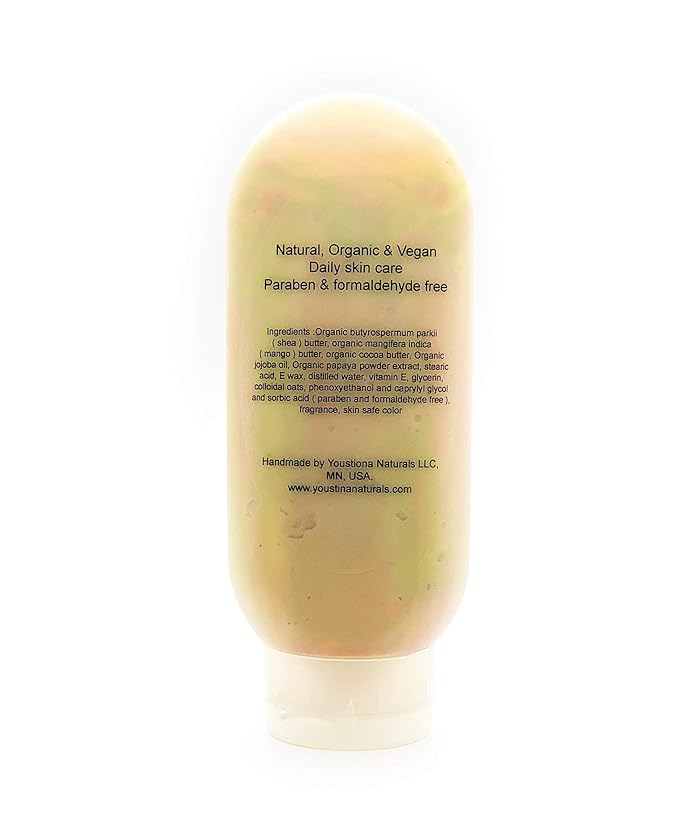 Papaya Triple Butter Body and Hand Cream 8 oz for Very Dry Skin and Eczema relief with Colloidal Oats and Papaya extract, Organic body cream, Vegan Skin care by Youstina Naturals