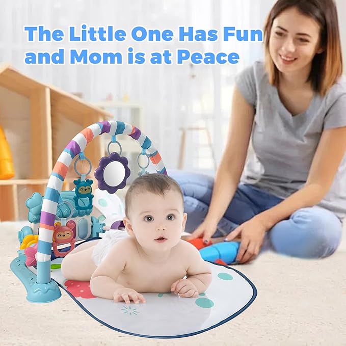 Cuterabit Baby Tummy Time Play Mat, Kick and Play Piano with Music and Light, Activity Gym Center for Newborn Babies Infants Boys Girls 0-3-6-9-12 Months (Blue)