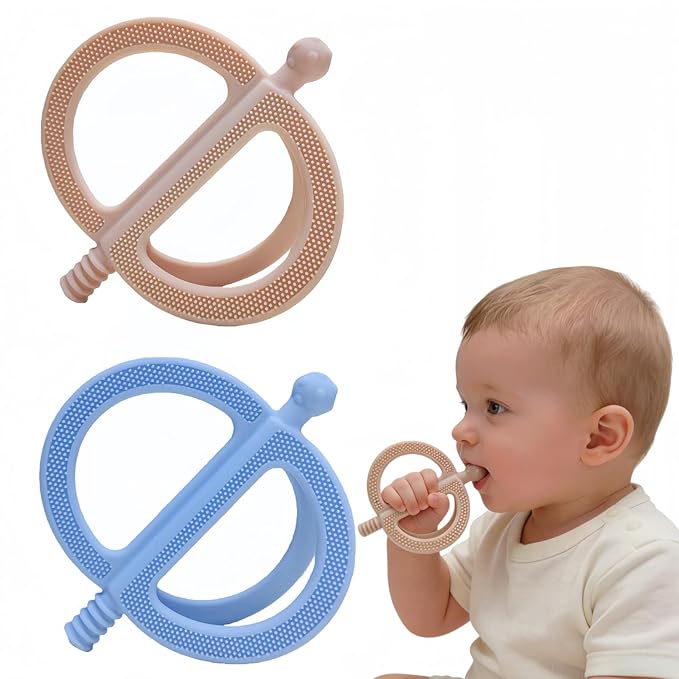 2-Pack Baby Teething Toys, Food Grade BPA-Free Silicone Baby Teether for 3-18 Months, Ring-Shaped Teething Toy for Babies, Multi-Textured Choke-Proof Easy Grip Teether for Infants (Khaki&Blue)