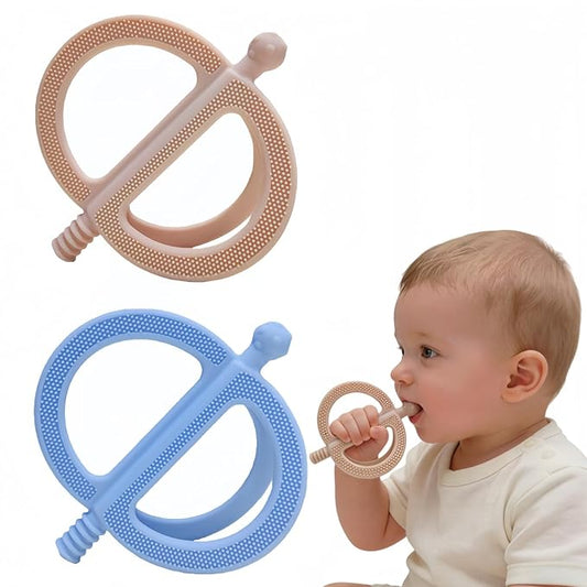 2-Pack Baby Teething Toys, Food Grade BPA-Free Silicone Baby Teether for 3-18 Months, Ring-Shaped Teething Toy for Babies, Multi-Textured Choke-Proof Easy Grip Teether for Infants (Khaki&Blue)