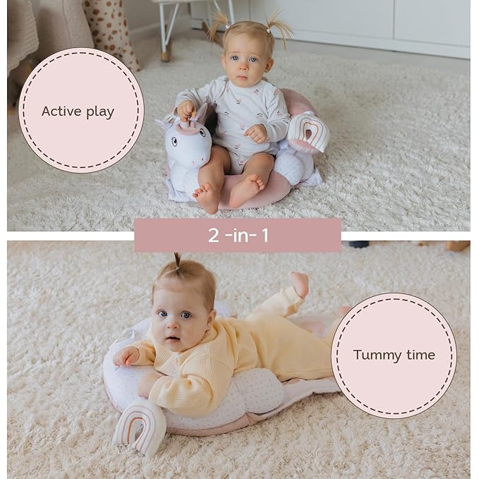 Aila+Aiden 2-in-1 Tummy Time Mat and Seated Support with Two Toys – for Newborns and Babies – Includes Detachable Cushion for Supervised Play & Head/Neck Development (Blush)