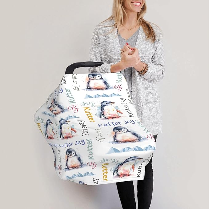 Personalized Penguin Baby Car Seat Cover with Name,Multi-Use Canopy for Nursing, Strollers,Shopping Carts,Customized Breastfeeding Cover, Full Privacy,Infant Stroller Cover