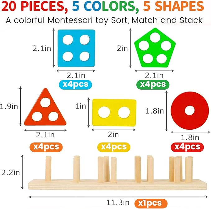 LovesTown Stacking and Sorting Learning Puzzles, Montessori Wooden Sensory Toys for Toddlers, 20 PCS