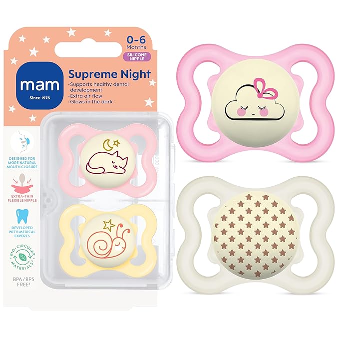 MAM Supreme Baby Pacifier, Newborns 0-6 Months, Developed with Orthodontists, Extra Air Flow for Sensitive Skin, Glows in The Dark, BPA-Free Silicone, Sterilizer Case, Pack of 2, Made in Europe