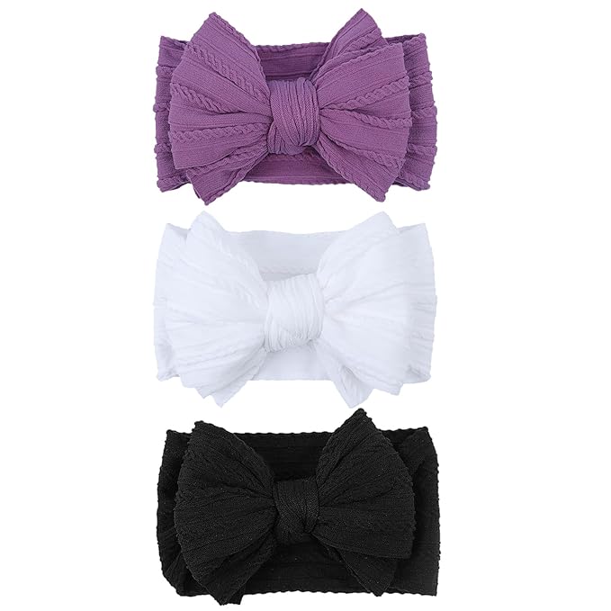 LemonSpace Handmade Baby Girls Headbands Soft Stretchy Nylon Hair Bands Hair Accessories with Bows for Newborn Baby Girls Infant Toddlers Kids(White Black Purple)
