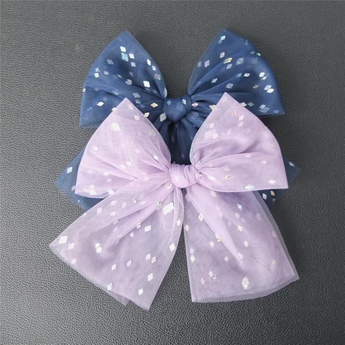 Large Tulle Hair Clips for Baby Girls and Women - Lace Bow Cottagecore Lightweight Gauze Barrettes Accessories (Fresco and Navy Foil)