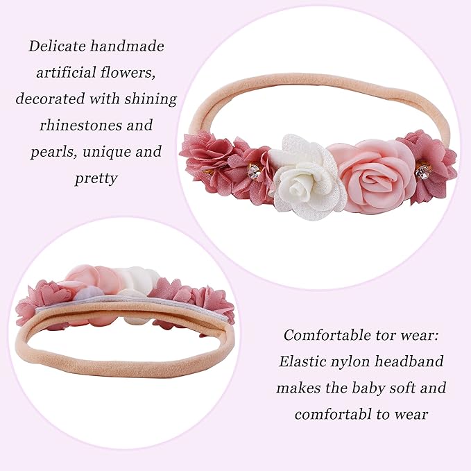 Baby Girl Flower Headband 6 PCS Elastic Hairbands Handmade Nylon Bows Headbands Chic Floral Hair Accessories Kids Gifts for Newborn Infant Toddlers