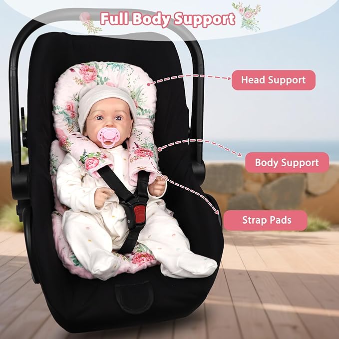 Infant Car Seat Insert, Car Seat Head Support Baby with 2 Covers, Ultra-Soft Newborn carseat Insert, Perfect for Car Seat, Stroller, Swing, Flower