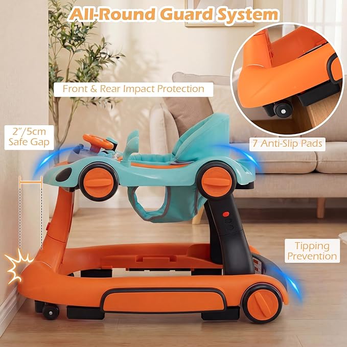 INFANS 6-in-1 Foldable Baby Walker, Converts Push Car to Bouncer, Rocker with Music, Lights, Adjustable Height & Speed, Activity Center, Canopy for 7-18 Months (Orange)