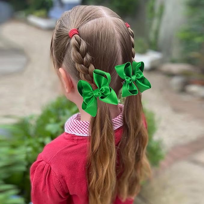 OAOLEER 2PCS 3.5inch Hair Bows for Girls，Green Stain Ribbon Hair Bows Alligator Clips Hair Accessories for Back To School Teen Toddler Girls Kids (Green)