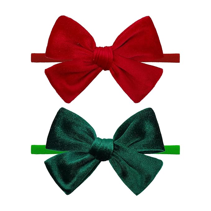 Christmas Baby Bows Handmade Velvet Headbands Tied Bow Elastic Nylon Hair Accessories for Baby Girls Newborn Infant 2 Pcs Christmas Gift Red Green