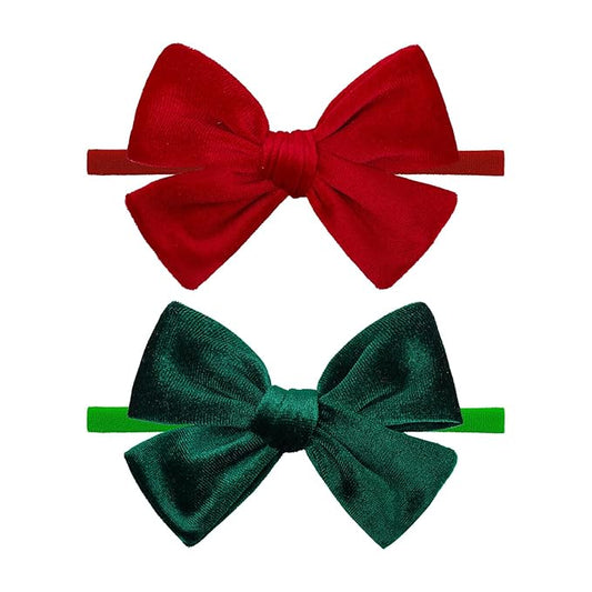 Christmas Baby Bows Handmade Velvet Headbands Tied Bow Elastic Nylon Hair Accessories for Baby Girls Newborn Infant 2 Pcs Christmas Gift Red Green