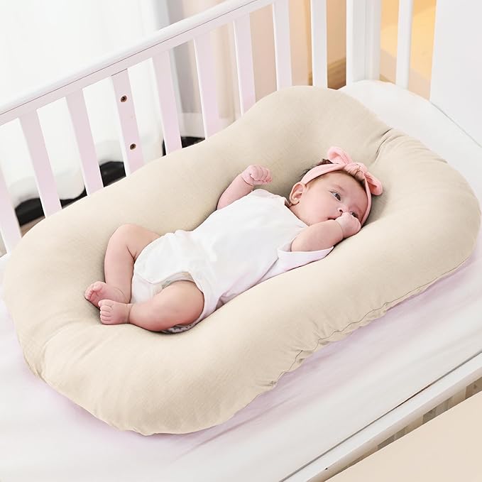 FUNUPUP Muslin Baby Lounger Cover Compatible with Snuggle Me Lounger, Infant Lounger Pillow Cover for Newborn, Removable Newborn Lounger Cover for Boys and Girls, Only Cover, Beige