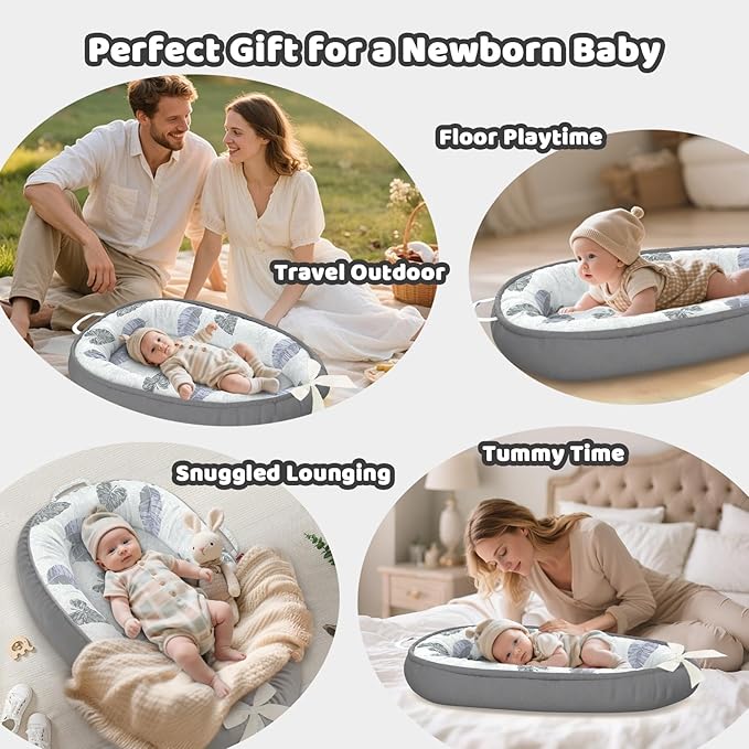 Baby Lounger - 100% Cotton Baby Lounger for Newborn with Lounger Cover, Portable Baby Nest for Home and Travel, Waterproof Lining, Newborn Babies Essentials Gifts