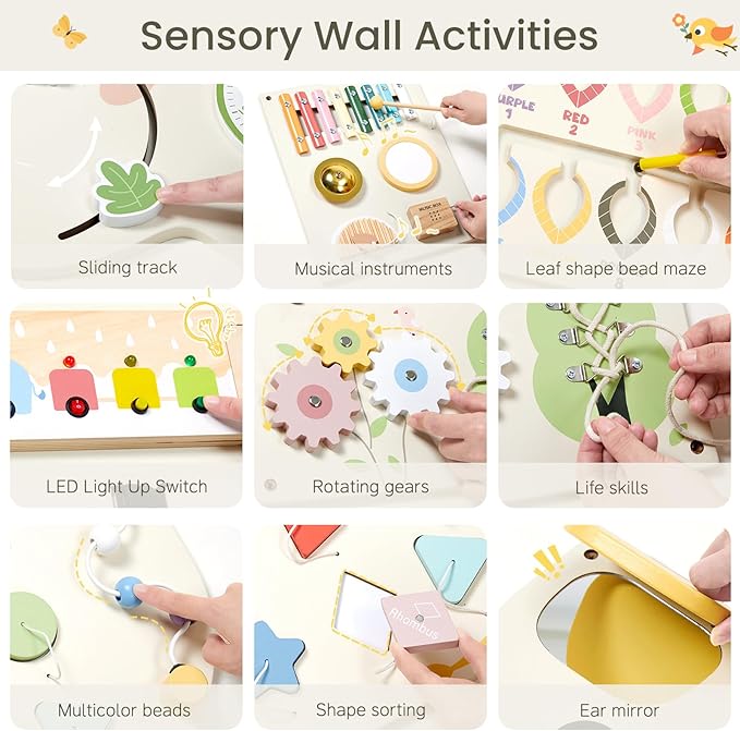 Elephant Activity Wall Busy Board Panels,Wooden Montessori Learning Activity Center Sensory Toys Wooden Sensory Wall Panel for Kids Ideal Furniture for Playroom Daycare Dentist Waiting Room Nursery