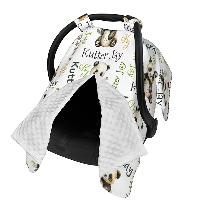 Personalized Winter Carseat Cover for Baby Custom Name Car Seat Canopy for Newborn Baby Boys Girls 2 in 1 Mom Nursing Breastfeeding Covers Panda Minky Baby Carrier Stroller Covers