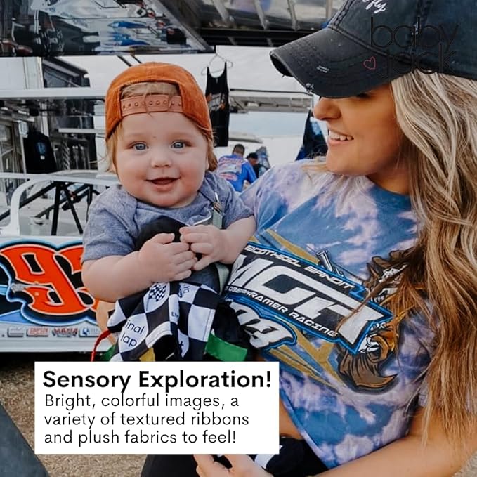 Baby Jack & Co 10x10” Racing Sports Lovey Sensory Plush Blanket - Tag Toy for Babies - Baby Stroller Toys - Learn Shapes, Letters & Colors - MVP Baby Tire Toy & Baby Sports Gift w/Stroller Clip