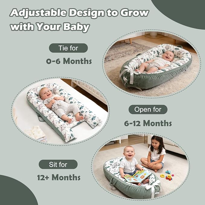 Baby Lounger-Breathable and Soft Organic 100% Cotton, Portable Infant Lounger with Removable Lounger Cover, Baby Nest Lounger for Newborn - Green Zoo