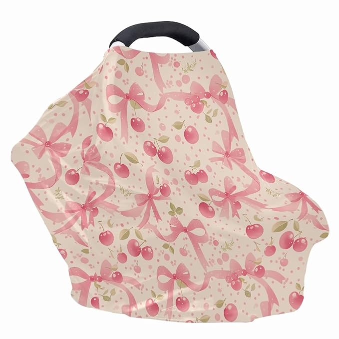 AFPANQZ Cherry Pin Bowknot Baby Car Seat Cover Canopy and Nursing Cover Infant Car Canopy Spring Autumn Winter Snug Warm Breathable Windproof Open Peep Top
