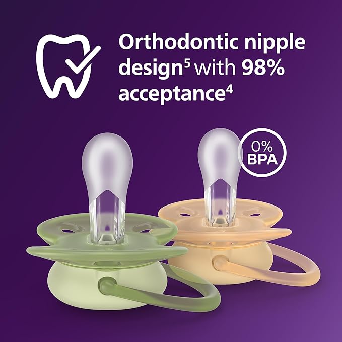 Philips Avent Ultra Soft Pacifiers - Orthodontic Design, for Babies 6-18 Months, Flexible Shield, Silicone Symmetrical Nipple, BPA-Free, 2 Sterilizing Cases, 4 Pack, SCF091/52