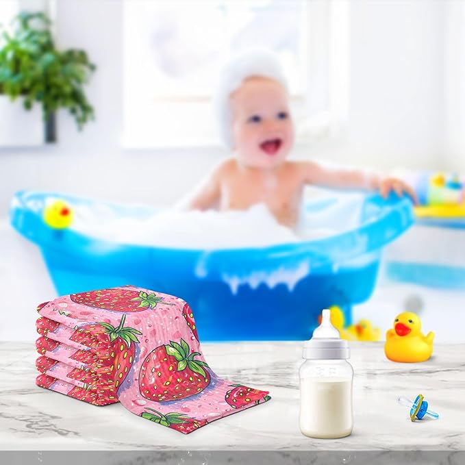 Strawberries Pink Muslin Baby Washcloths, 3 Pack of Cotton Newborn Wash Cloths, Extra Soft & Ultra Absorbent Baby Towels, 12 X 12 in