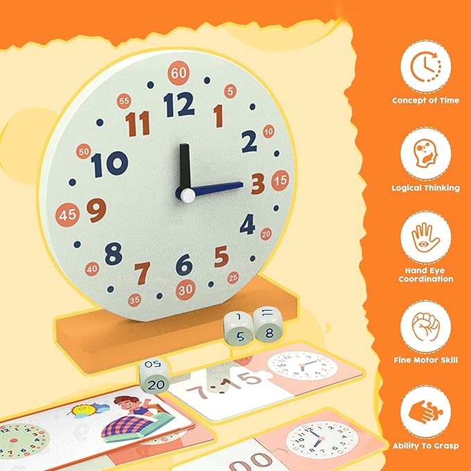 Wooden Toys for Learning Clock Game Set - 29 Piece,Learning Clocks for Kids, Clocks and Time Teaching Aids for Pen Included, Homeschool Supplies-Telling Time Teaching Clock for Kids Ages 3+