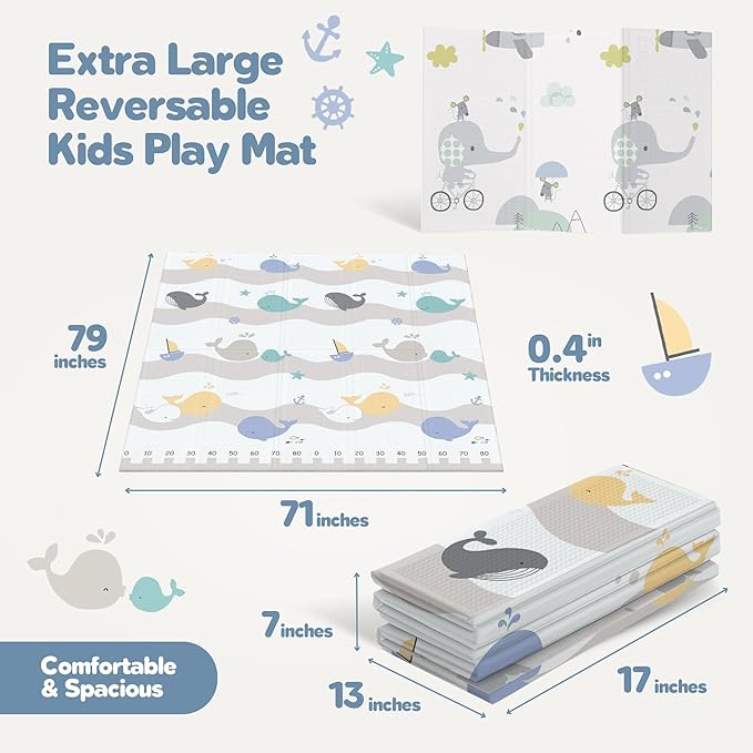 Motherly Haven 79x71 Foldable Baby Play Mat for Floor, Extra Large Reversible Foam Play Mat for Babies 6-12 Months, Waterproof Portable Foam PlayMat for Tummy Time for Toddler - Whales