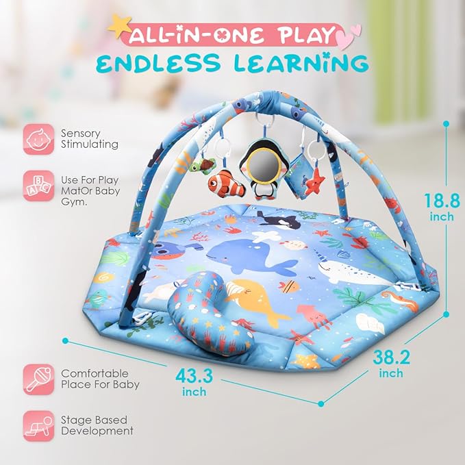 lulunemo Baby Play Mat,Tummy Time Mat with 6 Detachable Toys-Activity Gym for Visual, Auditory & Motor Development-Washable Baby Activity Mat for 0-12 Month Infants(Ocean)