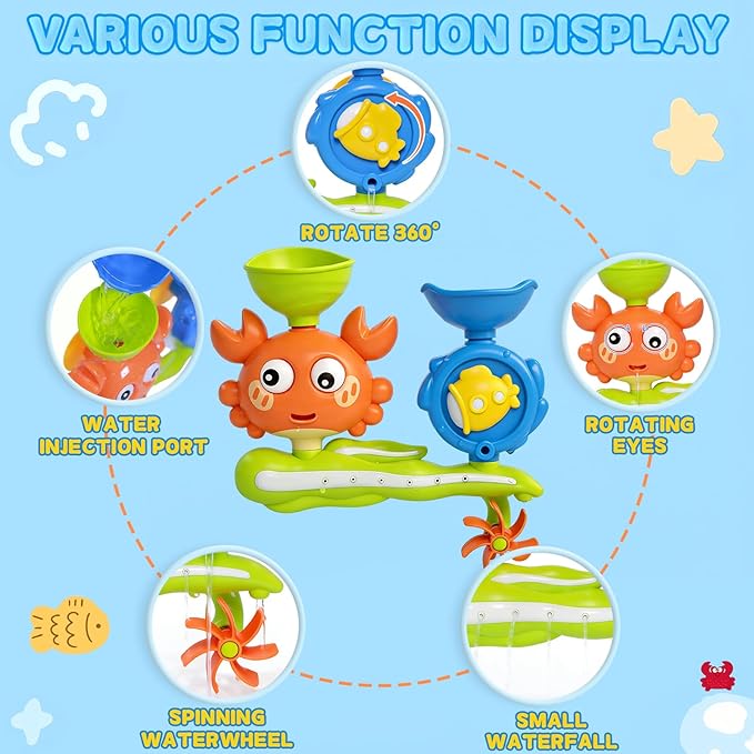 Bath Toys for Toddlers 1-3, Crab Water Wheel Bathtub Toys with 2 Suction Cups, Baby Shower Toys with Spinning Waterfall & Water Scoop, Bathroom Pool Toys for Kids Ages 1+ Year Old Boys Girls Gifts