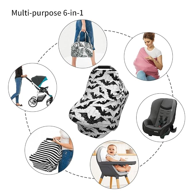 Black Bat Goth Baby Stuff Car Seat Cover for Baby Carseat Covers for Girl Boy Stretchy Soft Breathable Breastfeeding Infant Car Seat Canopy Carrier Cover