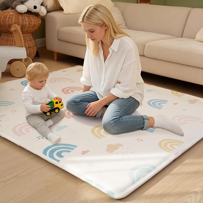 Premium Soft 1.5" Thick Baby Play Mat, Large 50" x 50" Memory Foam Floor Mat for Crawling, Non Slip Safe Babies & Toddlers Activity Mat for Nursery/Playroom (Rainbow Macaron)