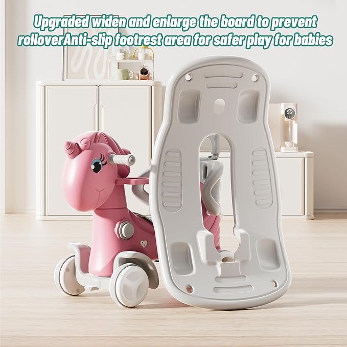 Runboll 4 in 1 Rocking Horse for Toddlers, Baby Rocking Toy with Push Handle, Backrest & Detachable Balance Board, Riding Horse Toy for Baby Girl and Boy, 1-3 Years Old Kids Riding Birthday
